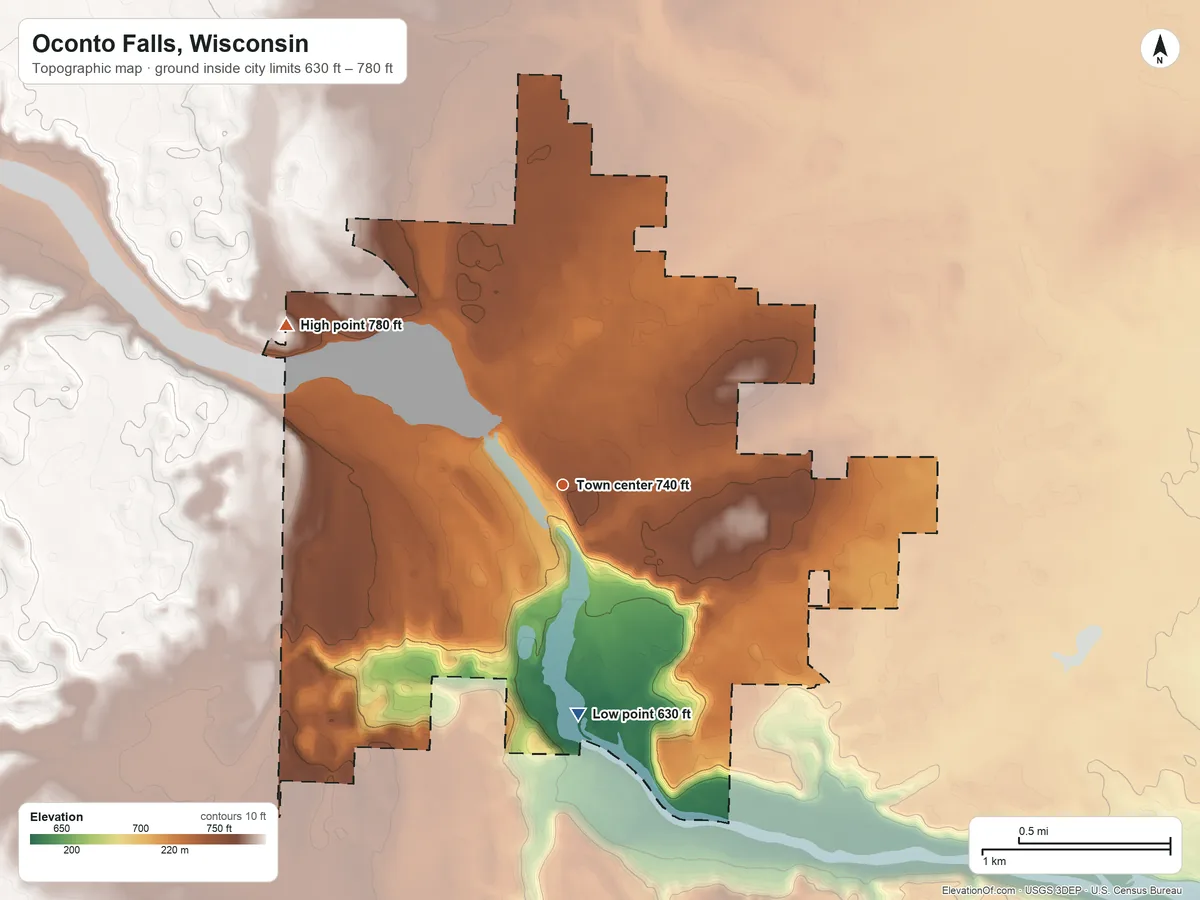 Topographic elevation map of Oconto Falls, Wisconsin, shaded from 630 ft on the south side to 780 ft on the northwest side