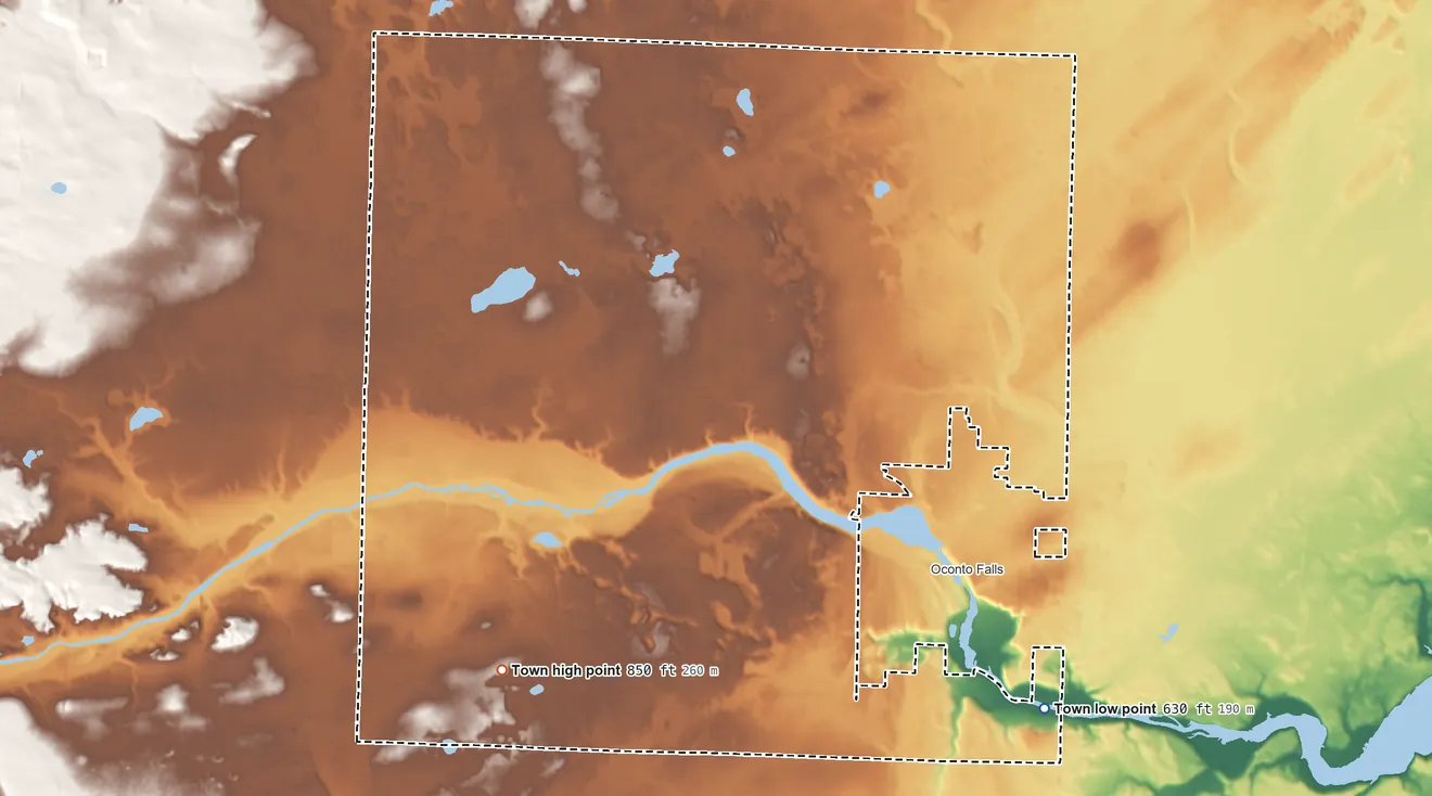Topographic elevation map of Town of Oconto Falls, Wisconsin, shaded from 630 ft on the southeast side to 850 ft on the southwest side