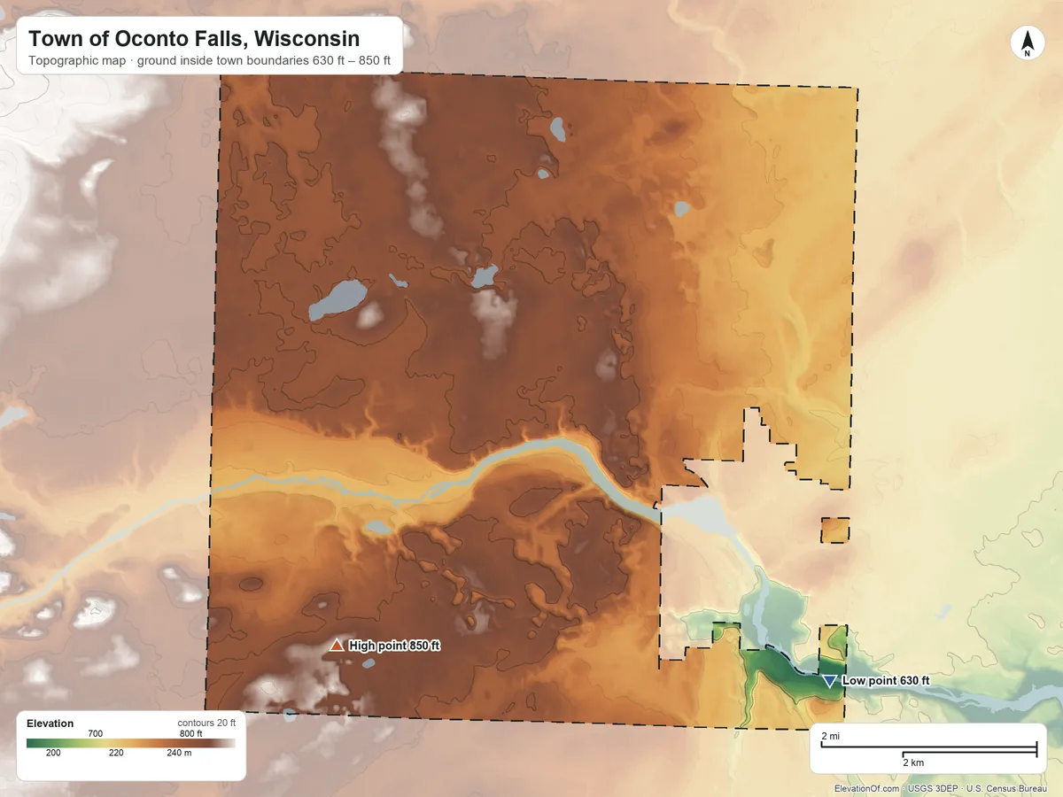 Topographic elevation map of Town of Oconto Falls, Wisconsin, shaded from 630 ft on the southeast side to 850 ft on the southwest side