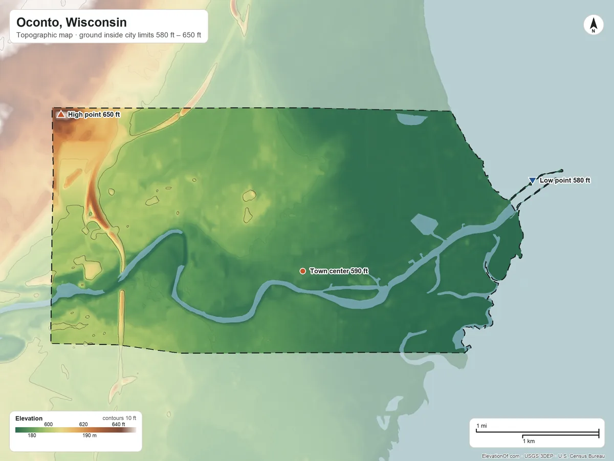Topographic elevation map of Oconto, Wisconsin, shaded from 580 ft on the east side to 650 ft on the northwest side