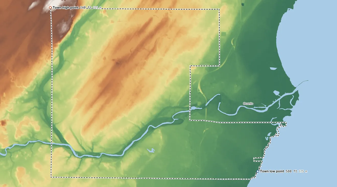 Topographic elevation map of Town of Oconto, Wisconsin, shaded from 580 ft on the southeast side to 740 ft on the northwest side
