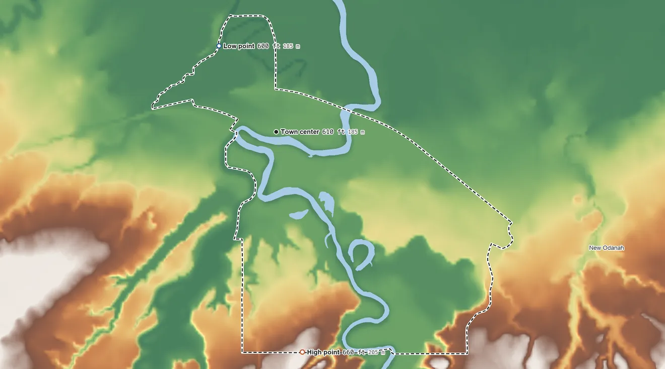 Topographic elevation map of Odanah, Wisconsin, shaded from 600 ft on the northwest side to 660 ft on the south side