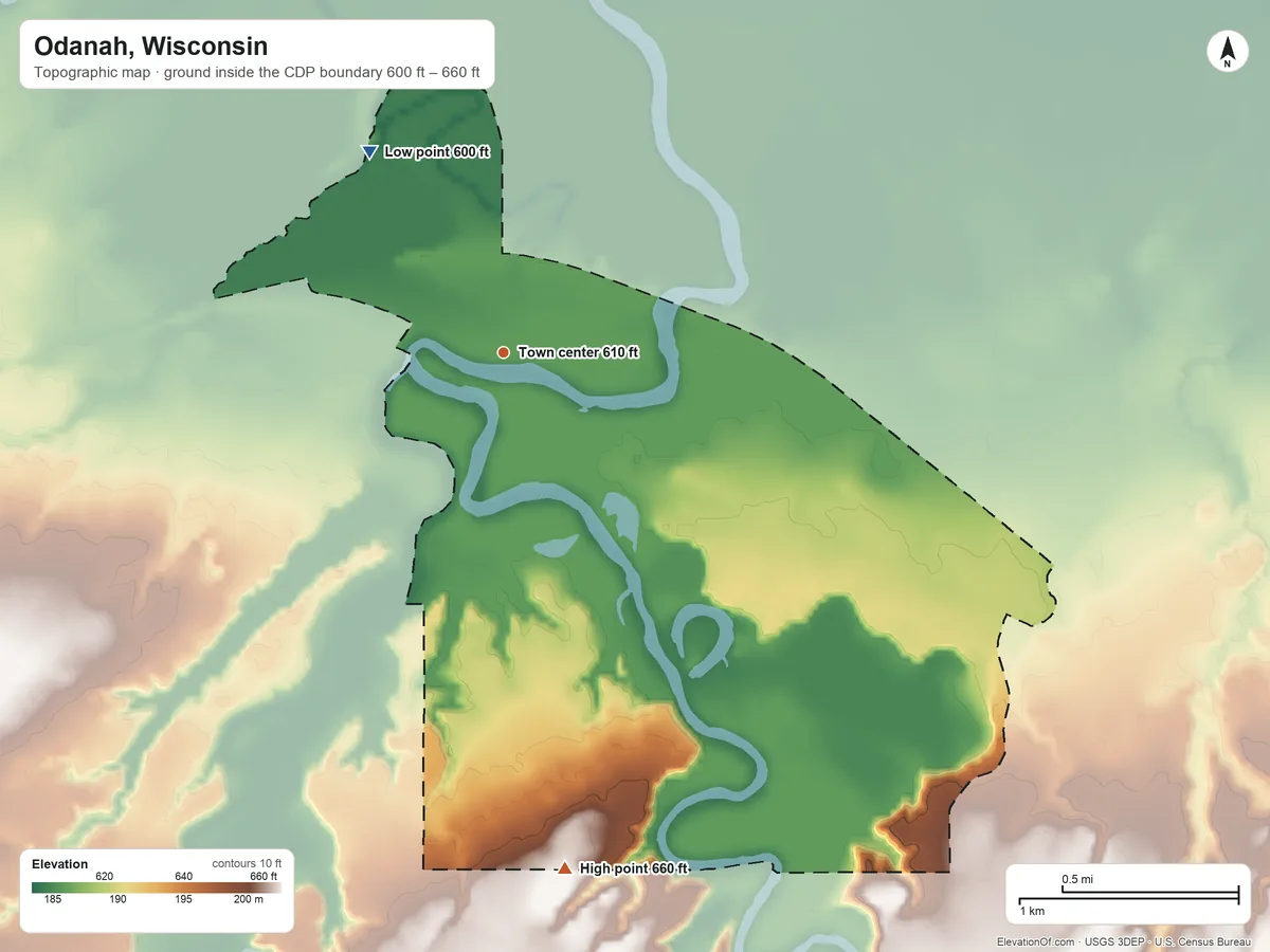 Topographic elevation map of Odanah, Wisconsin, shaded from 600 ft on the northwest side to 660 ft on the south side