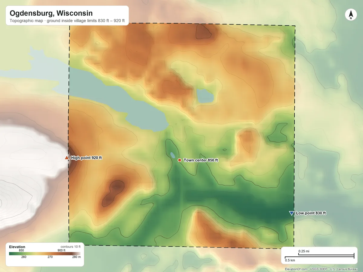 Topographic elevation map of Ogdensburg, Wisconsin, shaded from 830 ft on the southeast side to 920 ft on the west side