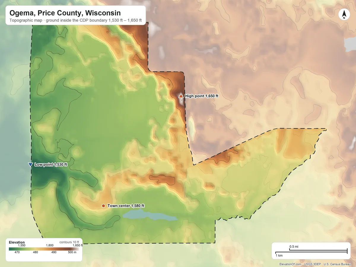 Topographic elevation map of Ogema, Price County, Wisconsin, shaded from 1,530 ft on the northwest side to 1,650 ft on the northeast side