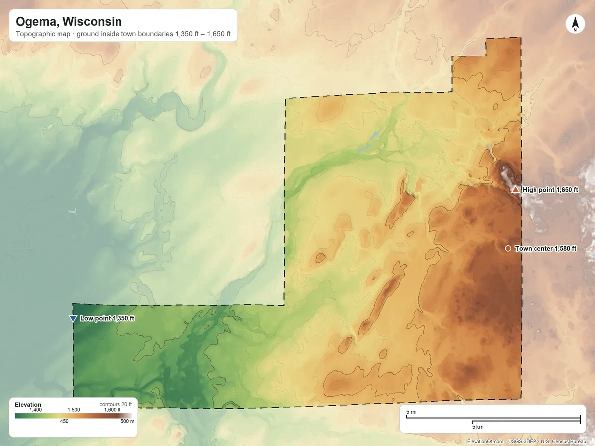 Topographic elevation map of Ogema, Wisconsin, shaded from 1,350 ft on the west side to 1,650 ft on the north side