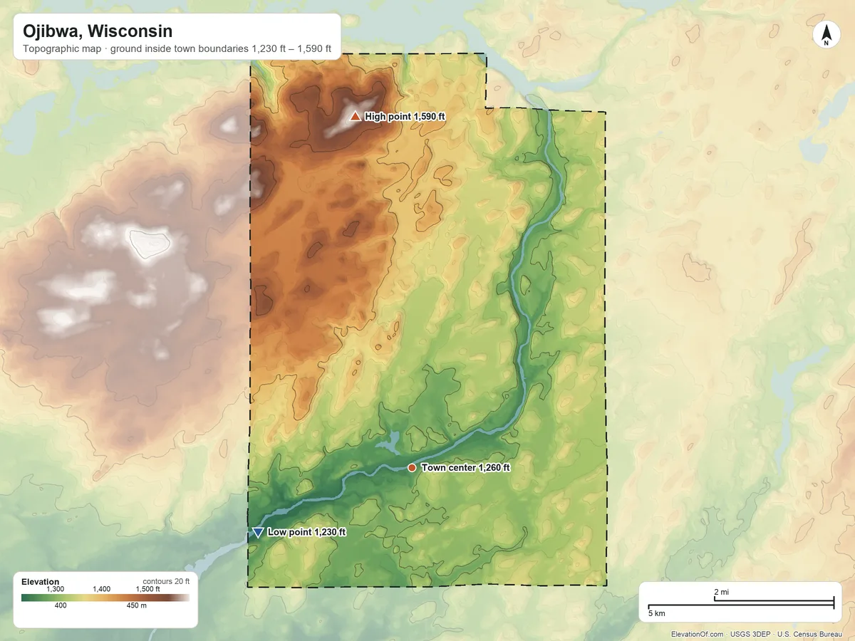 Topographic elevation map of Ojibwa, Wisconsin, shaded from 1,230 ft on the southwest side to 1,590 ft on the north side