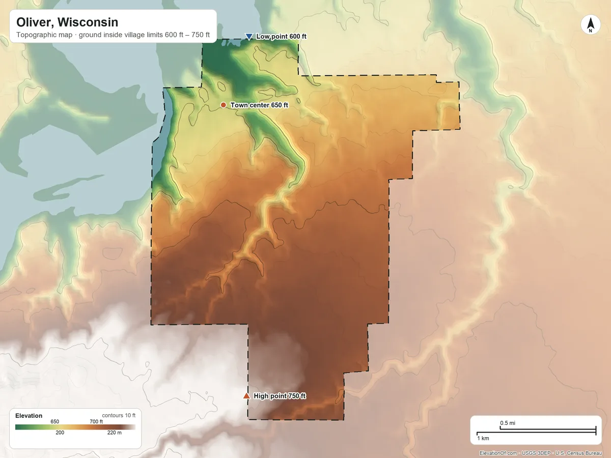 Topographic elevation map of Oliver, Wisconsin, shaded from 600 ft on the north side to 750 ft on the south side
