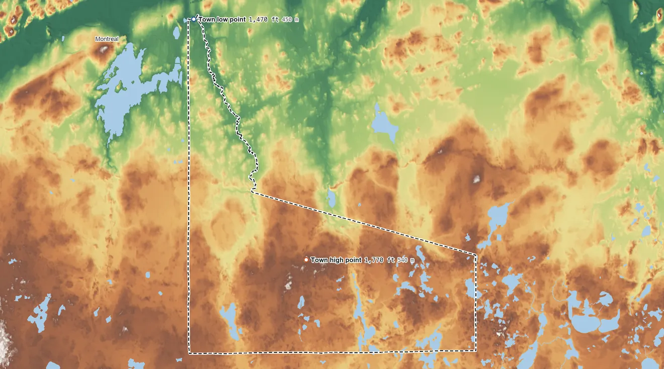 Topographic elevation map of Oma, Wisconsin, shaded from 1,470 ft on the north side to 1,770 ft on the east side