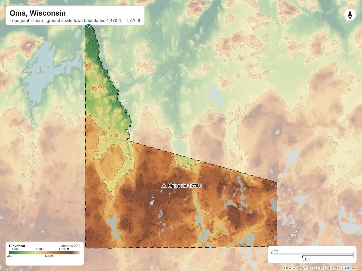 Topographic elevation map of Oma, Wisconsin, shaded from 1,470 ft on the north side to 1,770 ft on the east side