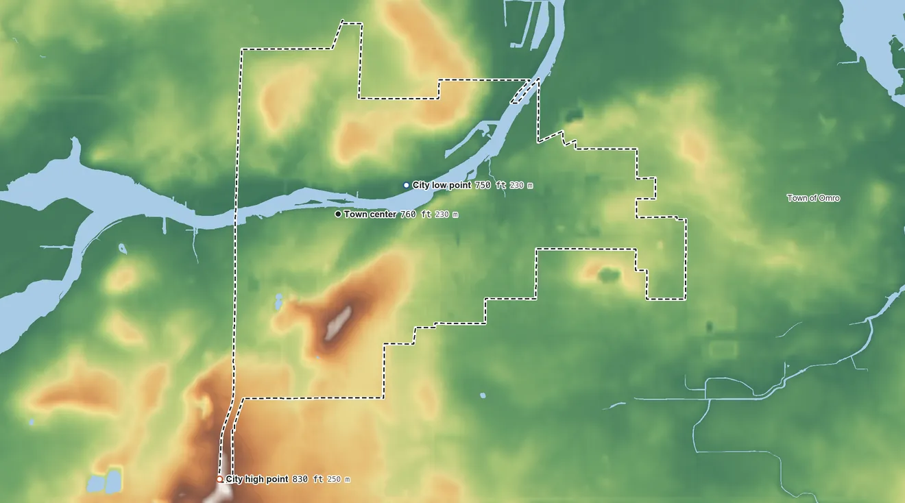Topographic elevation map of Omro, Wisconsin, shaded from 750 ft on the northeast side to 830 ft on the southwest side