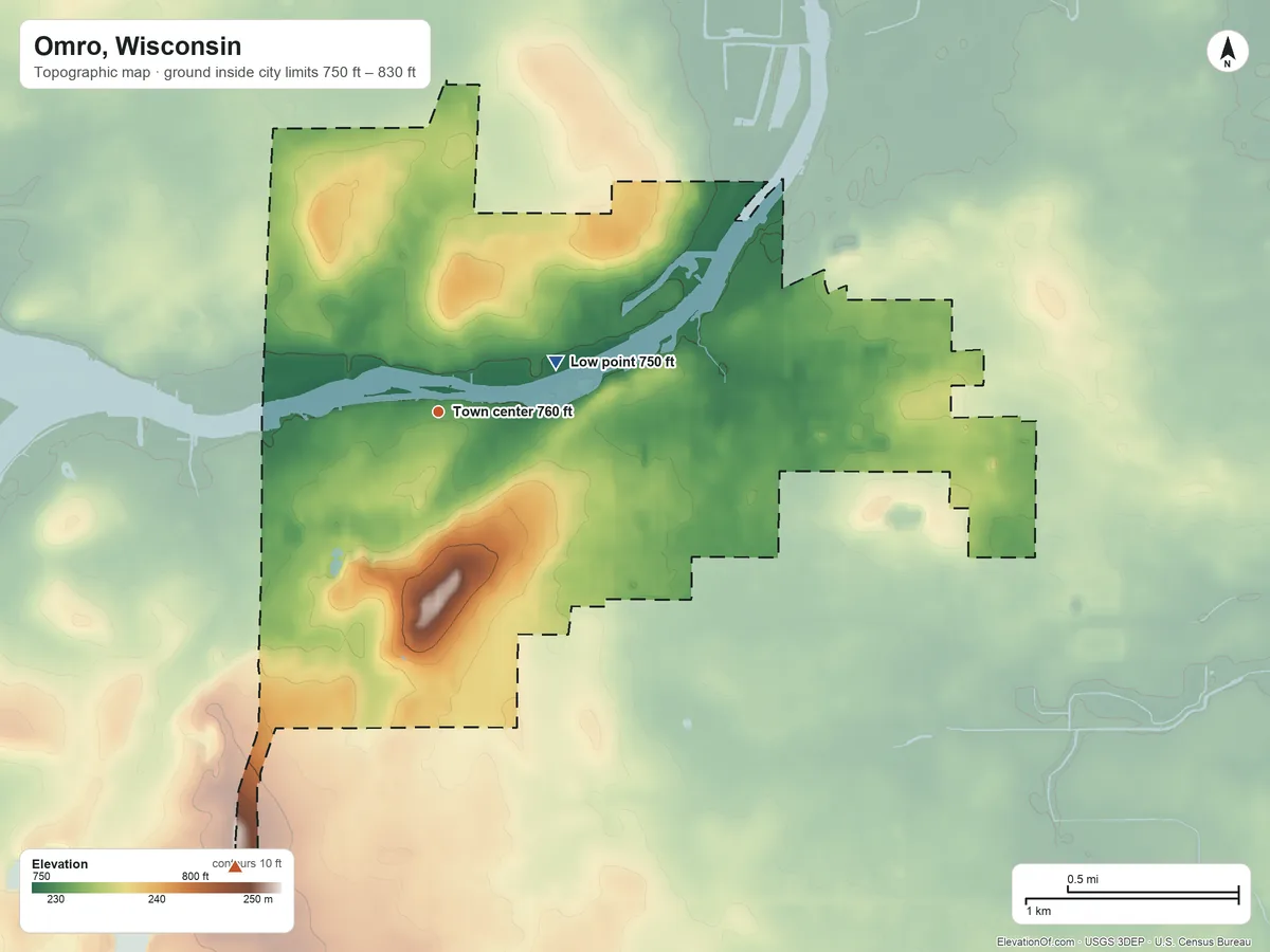 Topographic elevation map of Omro, Wisconsin, shaded from 750 ft on the northeast side to 830 ft on the southwest side