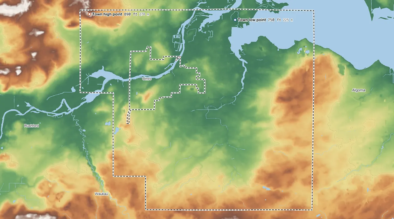 Topographic elevation map of Town of Omro, Wisconsin, shaded from 750 ft on the north side to 890 ft on the northwest side
