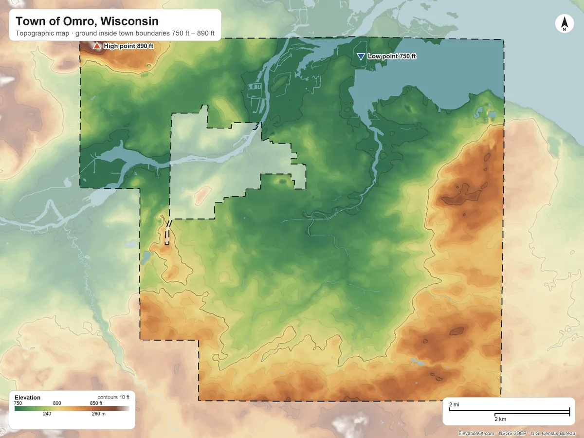 Topographic elevation map of Town of Omro, Wisconsin, shaded from 750 ft on the north side to 890 ft on the northwest side