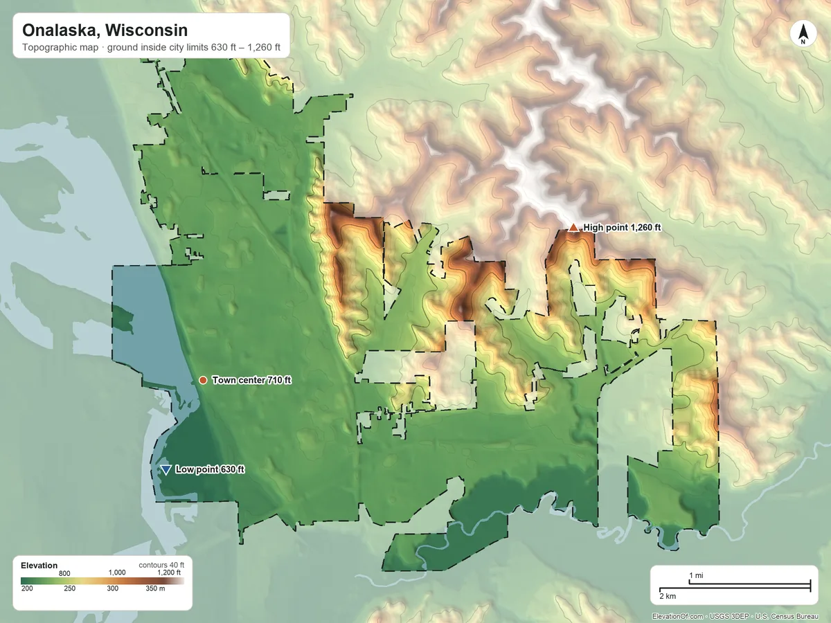 Topographic elevation map of Onalaska, Wisconsin, shaded from 630 ft on the south side to 1,260 ft on the east side