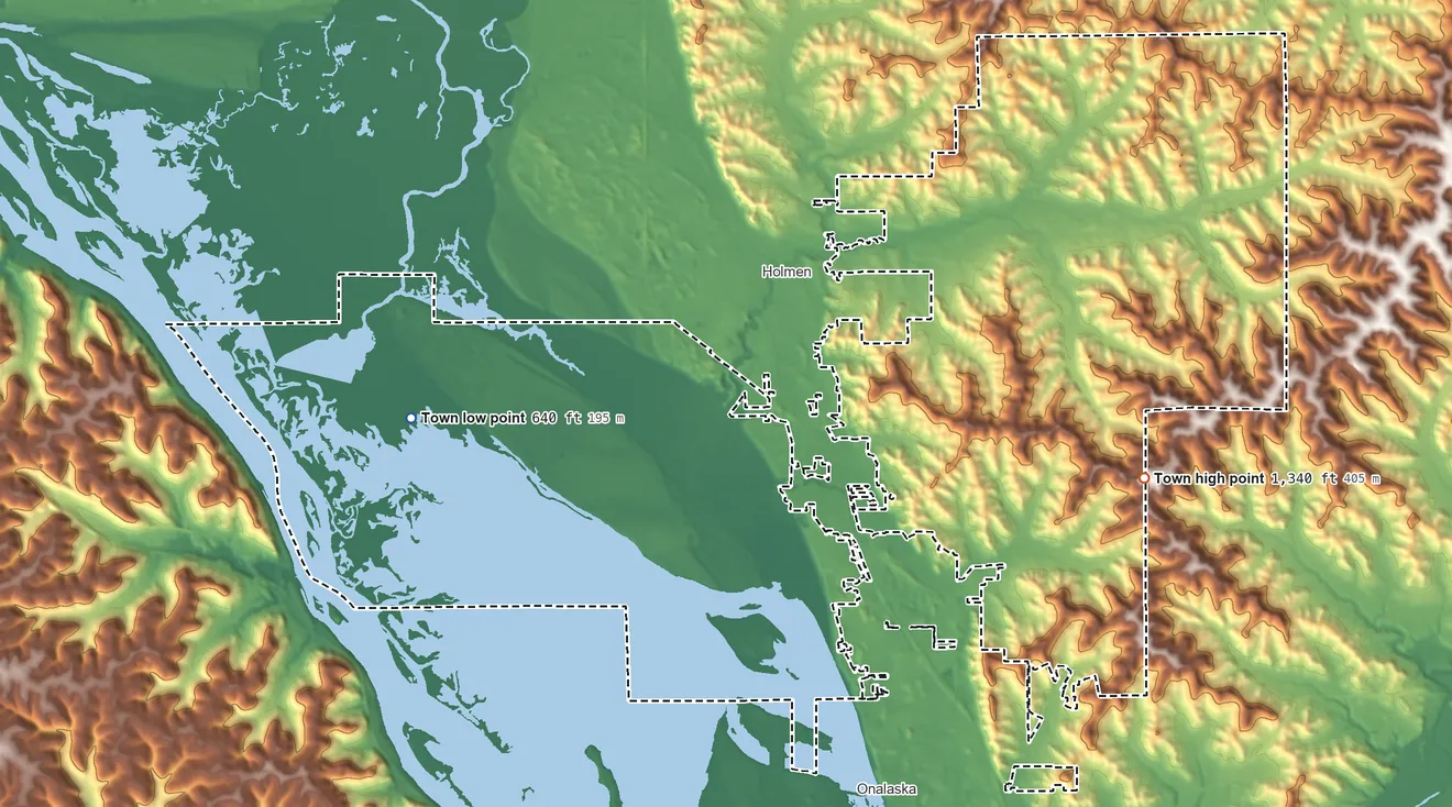 Topographic elevation map of Town of Onalaska, Wisconsin, shaded from 640 ft on the west side to 1,340 ft on the east side