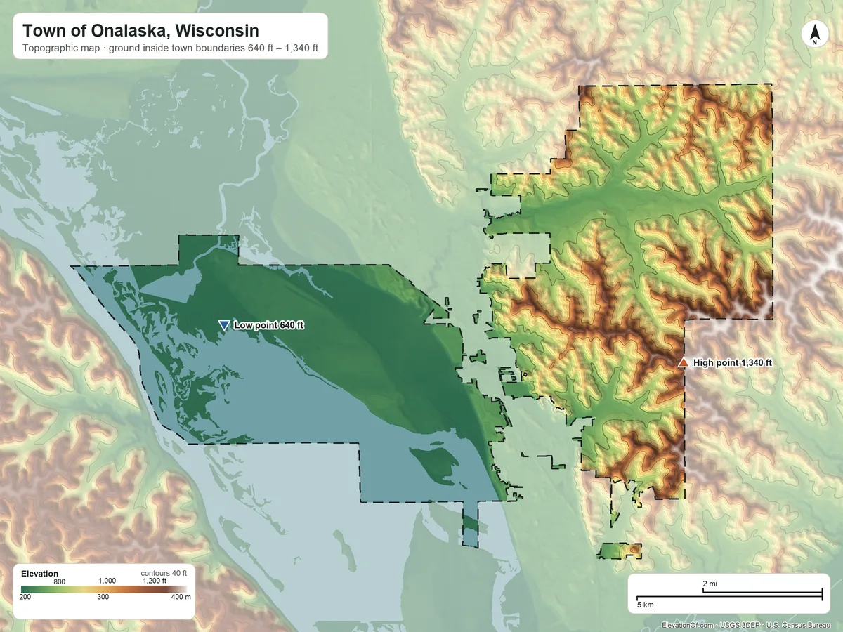 Topographic elevation map of Town of Onalaska, Wisconsin, shaded from 640 ft on the west side to 1,340 ft on the east side