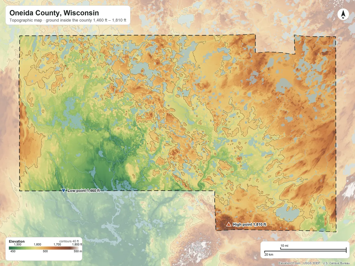 Topographic elevation map of Oneida County, Wisconsin, shaded from 1,460 ft on the southwest side to 1,810 ft on the southeast side