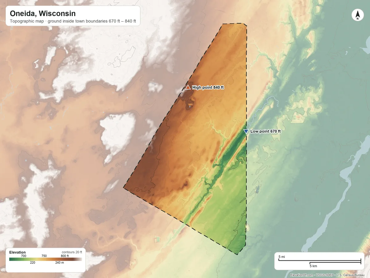 Topographic elevation map of Oneida, Wisconsin, shaded from 670 ft on the northeast side to 840 ft on the north side