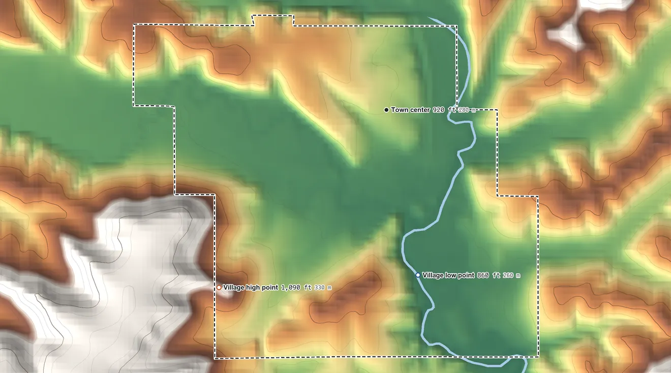 Topographic elevation map of Ontario, Wisconsin, shaded from 860 ft on the south side to 1,090 ft on the southwest side