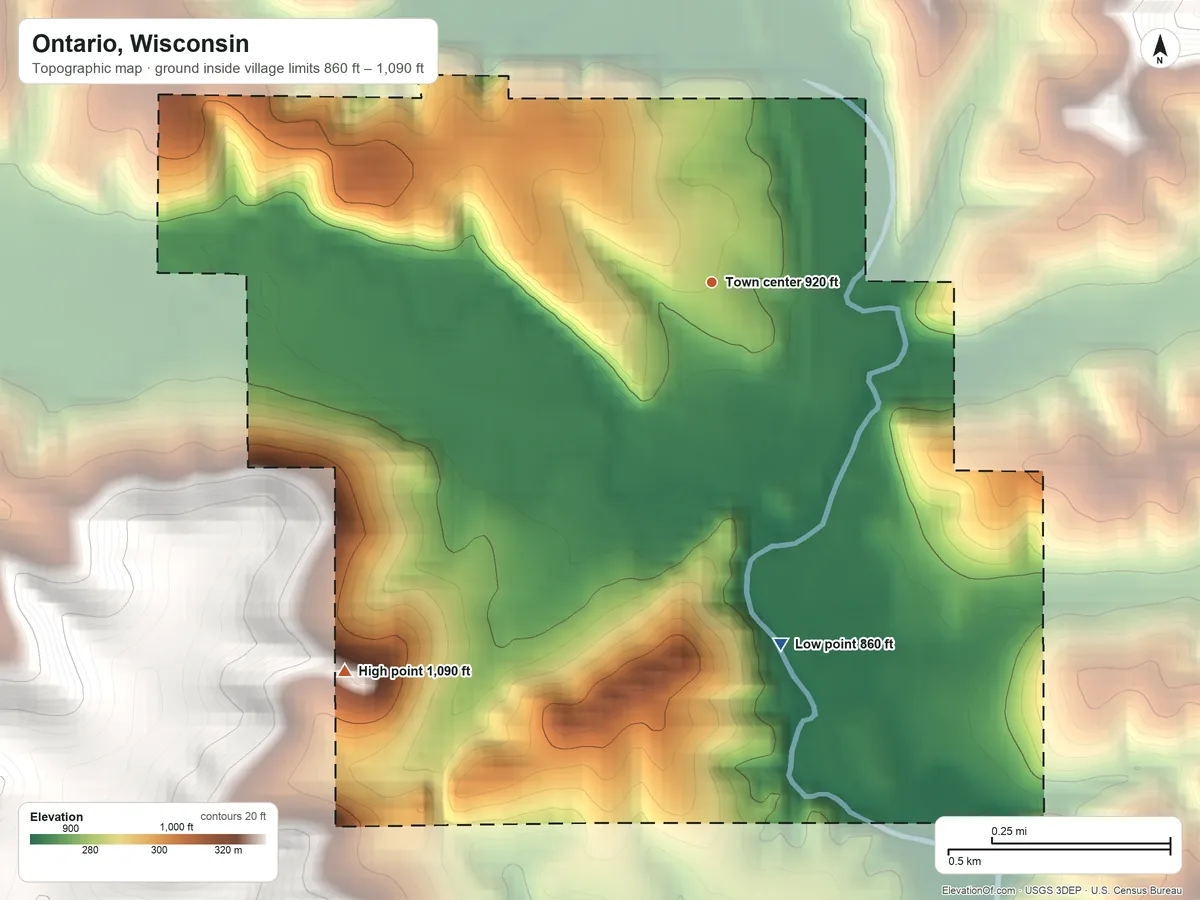 Topographic elevation map of Ontario, Wisconsin, shaded from 860 ft on the south side to 1,090 ft on the southwest side