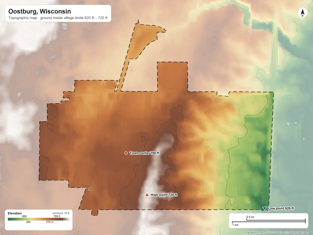 Topographic elevation map of Oostburg, Wisconsin, shaded from 620 ft on the east side to 720 ft on the southeast side