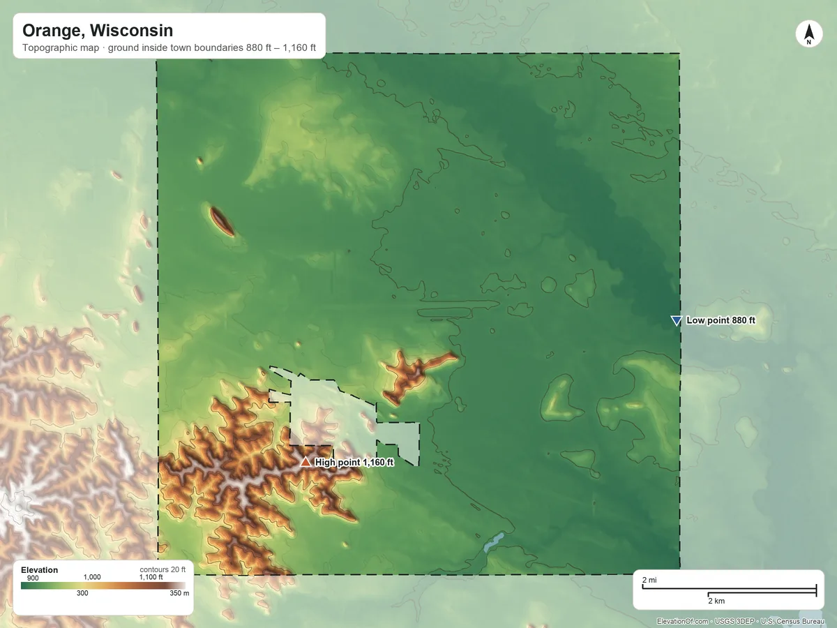 Topographic elevation map of Orange, Wisconsin, shaded from 880 ft on the southeast side to 1,160 ft on the southwest side