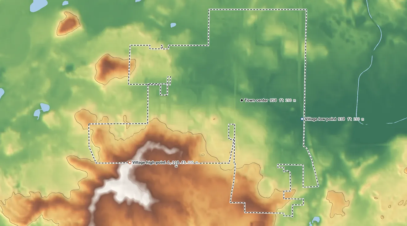 Topographic elevation map of Oregon, Wisconsin, shaded from 930 ft on the east side to 1,110 ft on the southwest side
