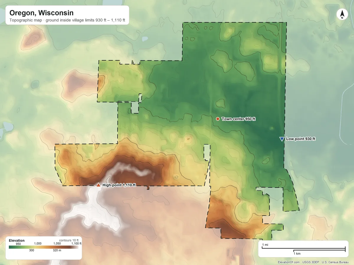 Topographic elevation map of Oregon, Wisconsin, shaded from 930 ft on the east side to 1,110 ft on the southwest side