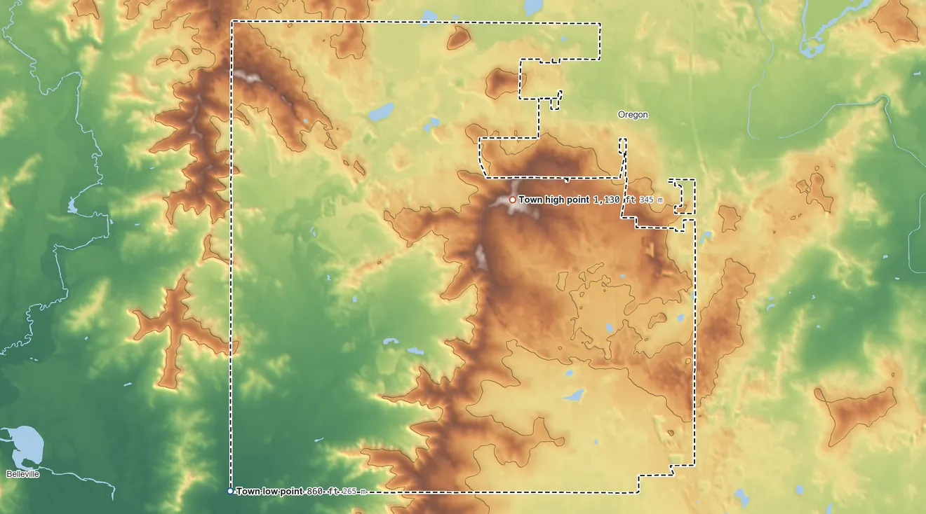 Topographic elevation map of Town of Oregon, Wisconsin, shaded from 860 ft on the southwest side to 1,130 ft near the middle