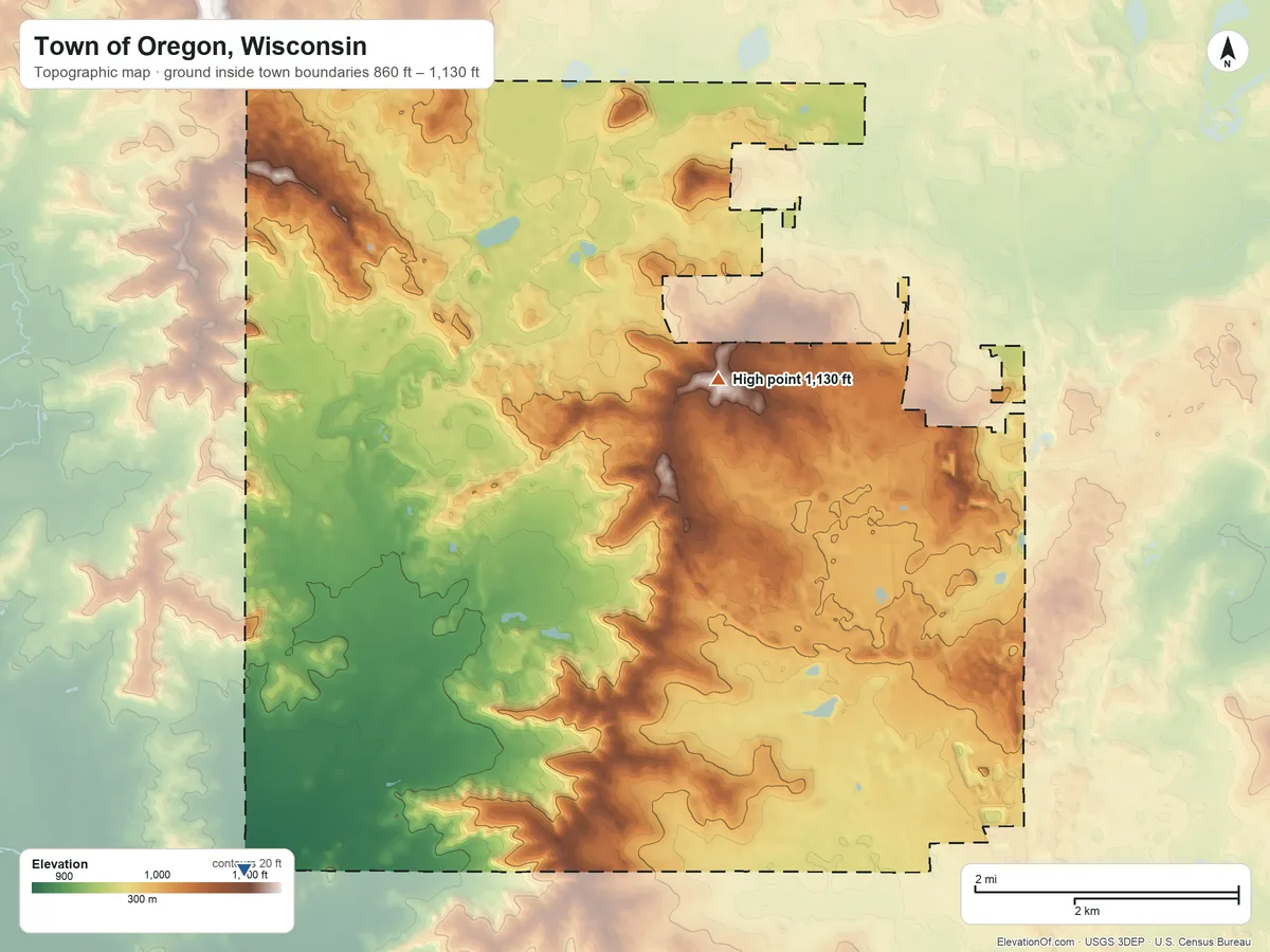 Topographic elevation map of Town of Oregon, Wisconsin, shaded from 860 ft on the southwest side to 1,130 ft near the middle