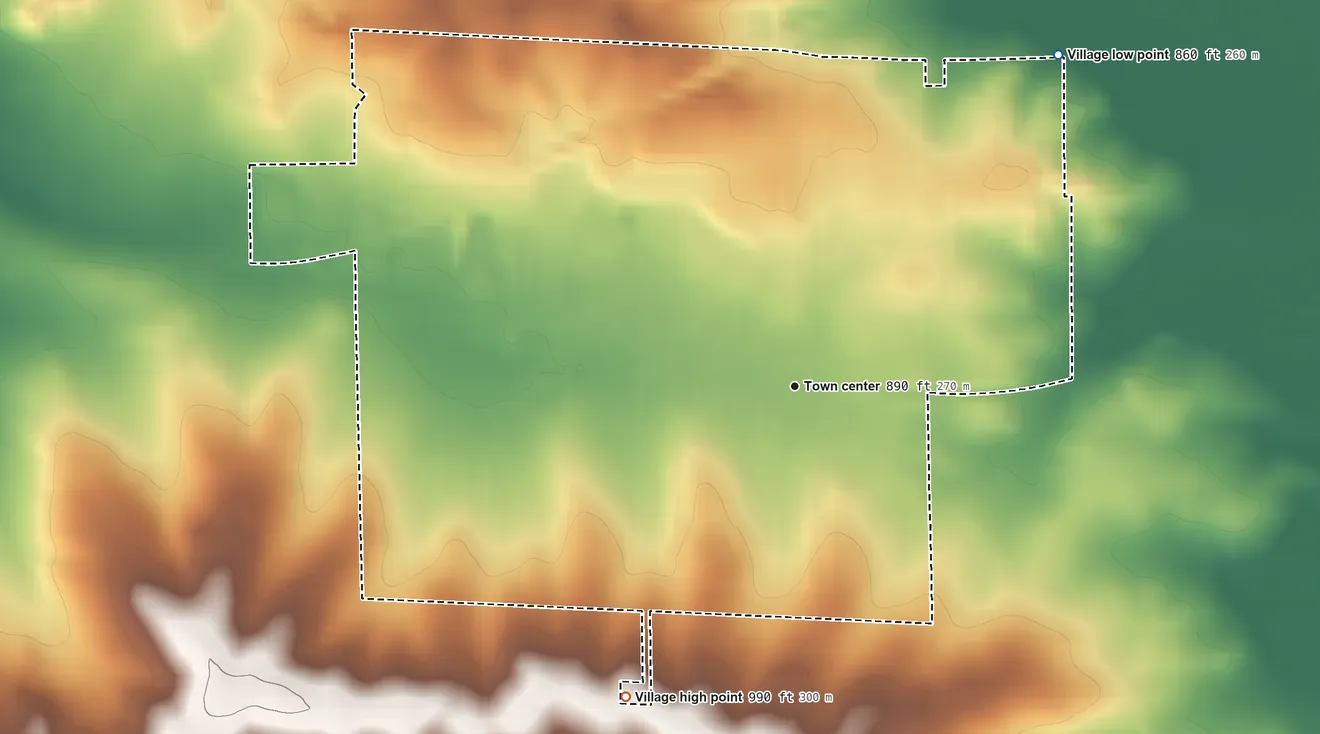 Topographic elevation map of Orfordville, Wisconsin, shaded from 860 ft on the northeast side to 990 ft on the southwest side