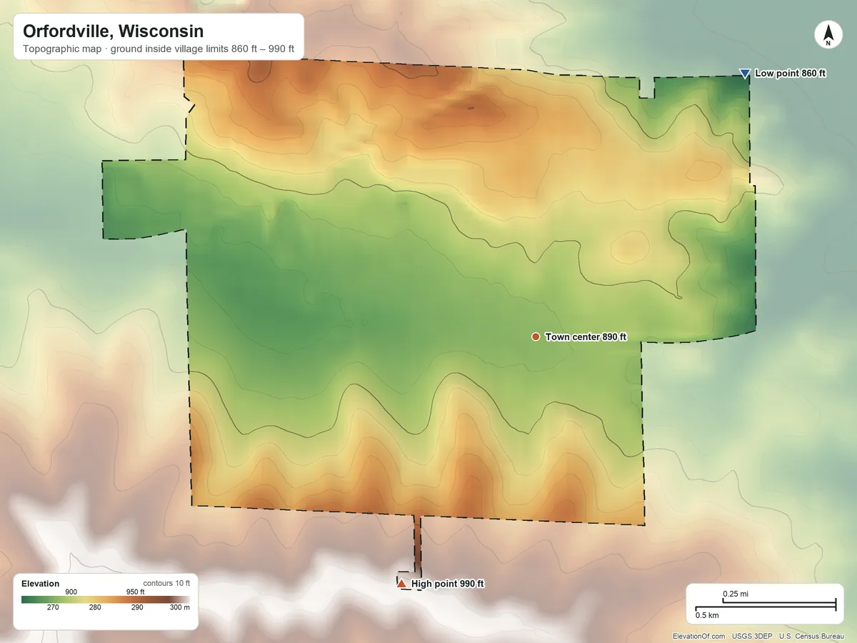Topographic elevation map of Orfordville, Wisconsin, shaded from 860 ft on the northeast side to 990 ft on the southwest side