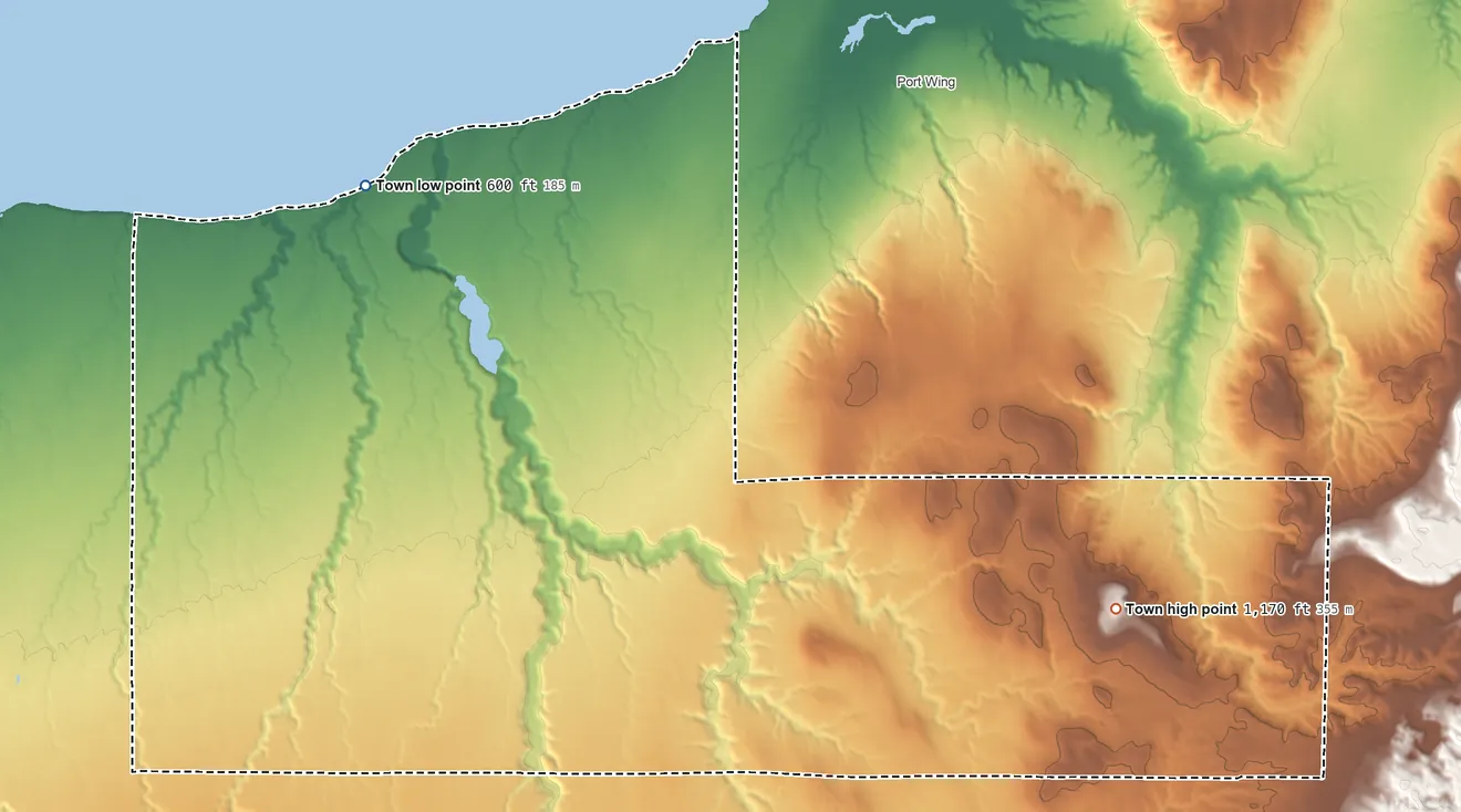 Topographic elevation map of Orienta, Wisconsin, shaded from 600 ft on the northwest side to 1,170 ft on the southeast side