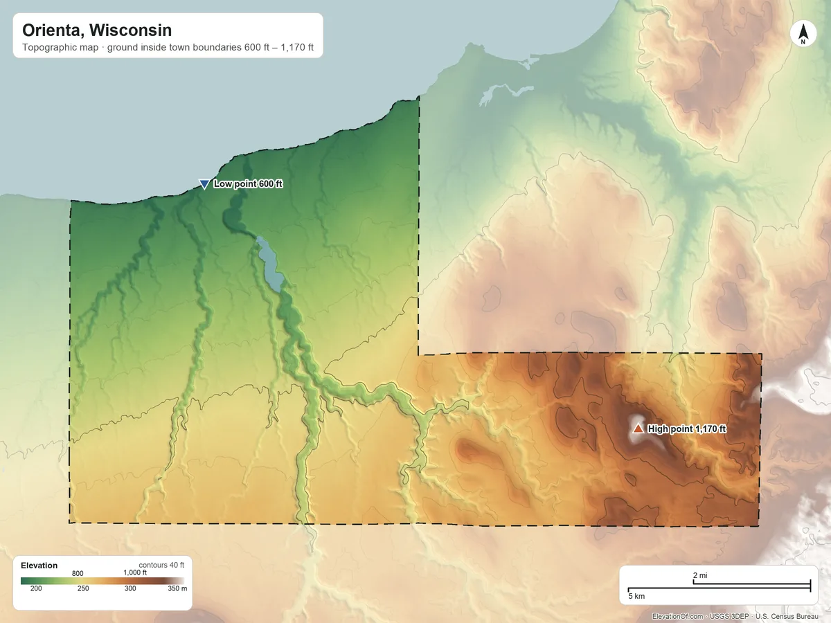Topographic elevation map of Orienta, Wisconsin, shaded from 600 ft on the northwest side to 1,170 ft on the southeast side
