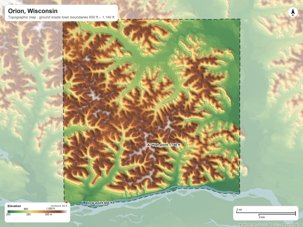 Topographic elevation map of Orion, Wisconsin, shaded from 650 ft near the middle to 1,140 ft on the northeast side