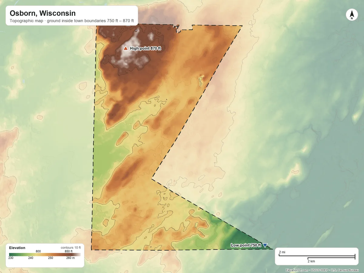 Topographic elevation map of Osborn, Wisconsin, shaded from 750 ft on the southeast side to 870 ft on the north side