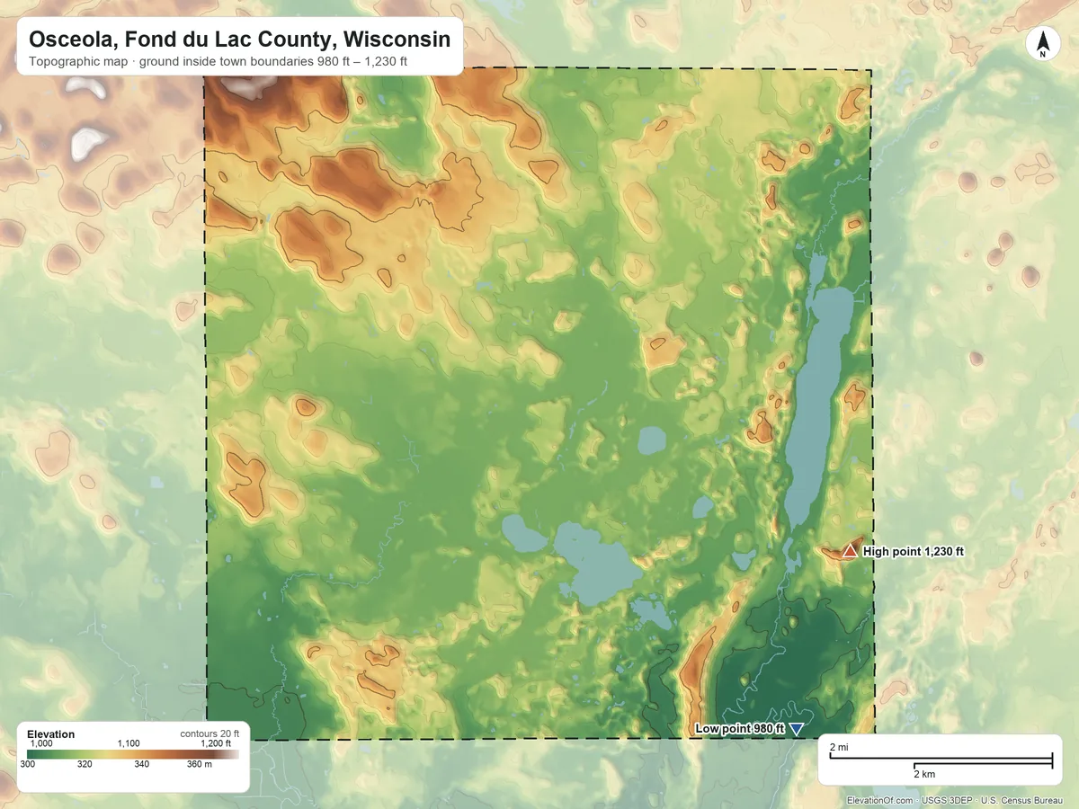 Topographic elevation map of Osceola, Fond du Lac County, Wisconsin, shaded from 980 ft on the southeast side to 1,230 ft on Dundee Mountain