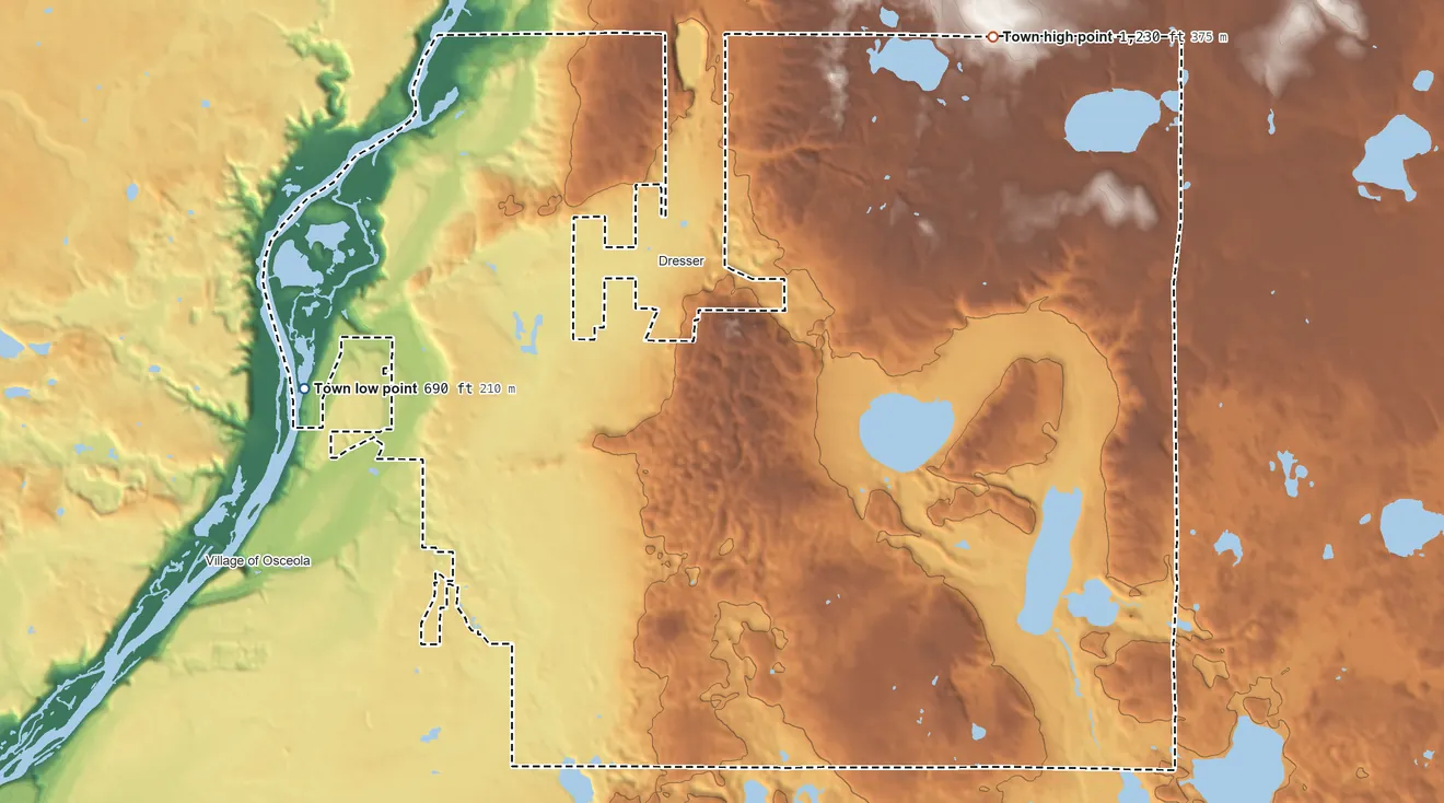 Topographic elevation map of Osceola, Wisconsin, shaded from 690 ft on the west side to 1,230 ft on the northeast side