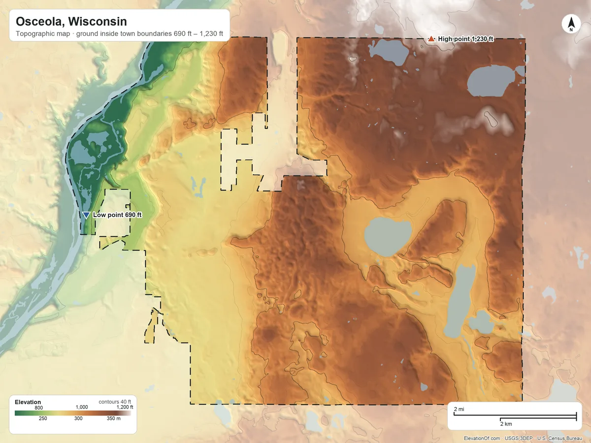 Topographic elevation map of Osceola, Wisconsin, shaded from 690 ft on the west side to 1,230 ft on the northeast side