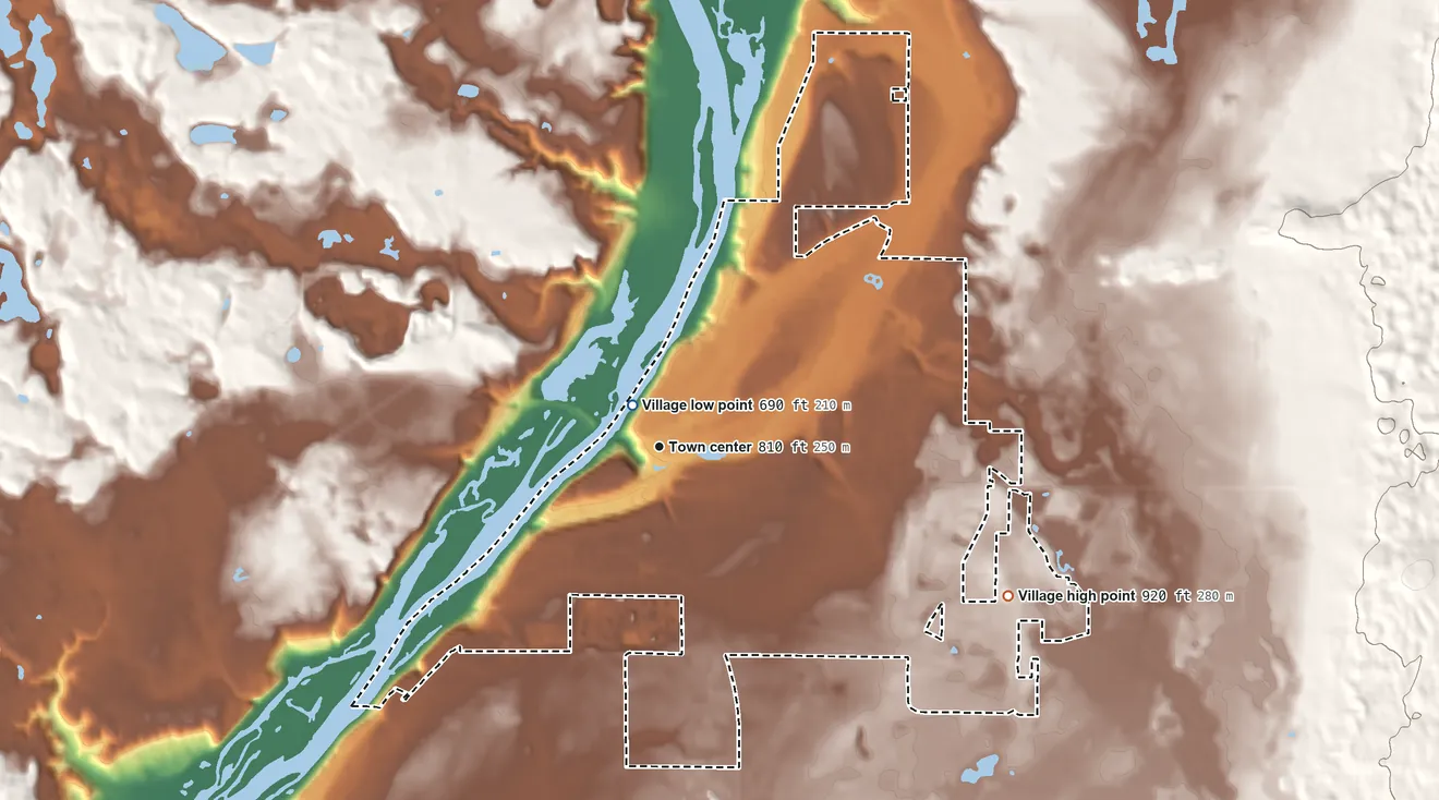 Topographic elevation map of Village of Osceola, Wisconsin, shaded from 690 ft near the middle to 920 ft on the southeast side