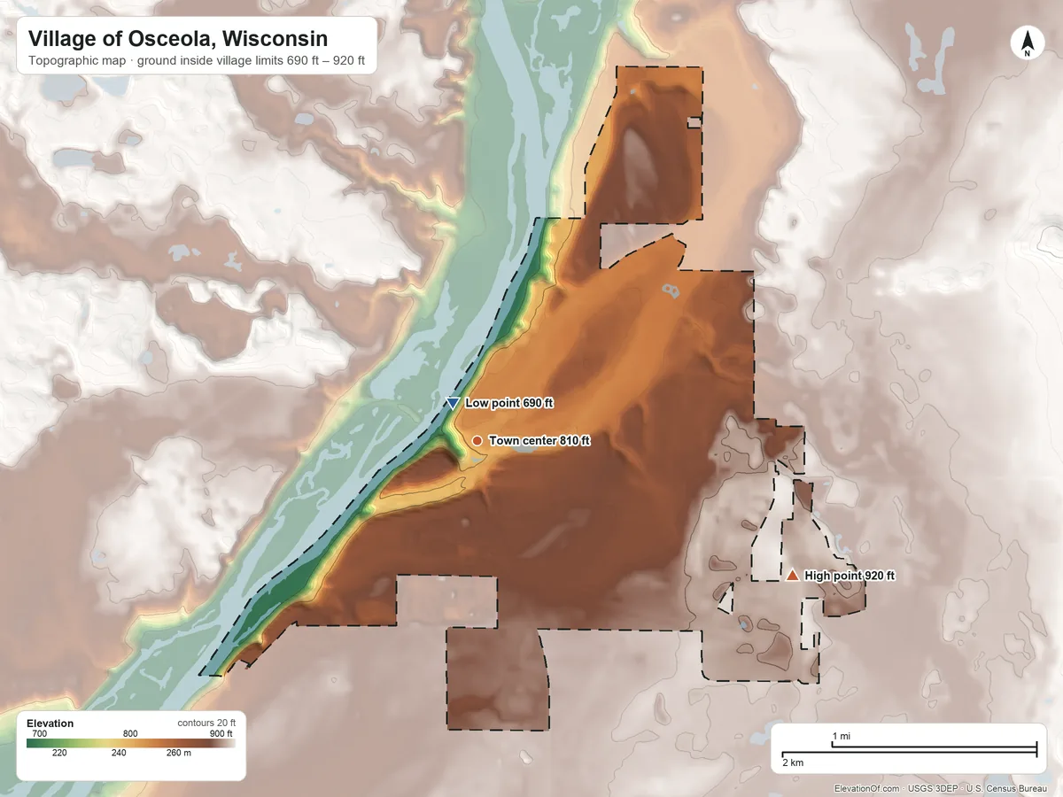 Topographic elevation map of Village of Osceola, Wisconsin, shaded from 690 ft near the middle to 920 ft on the southeast side