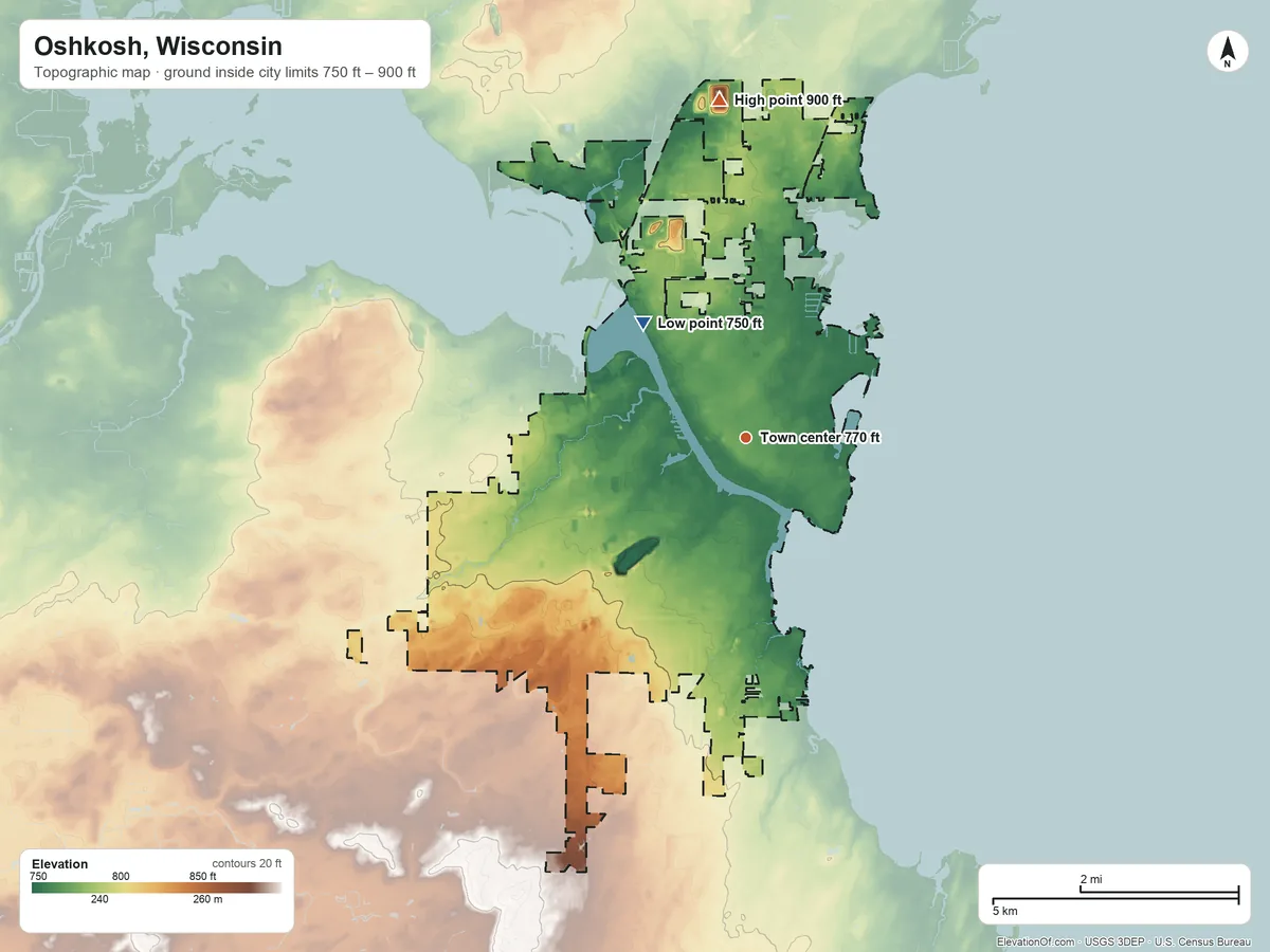 Topographic elevation map of Oshkosh, Wisconsin, shaded from 750 ft on the northwest side to 900 ft on the north side