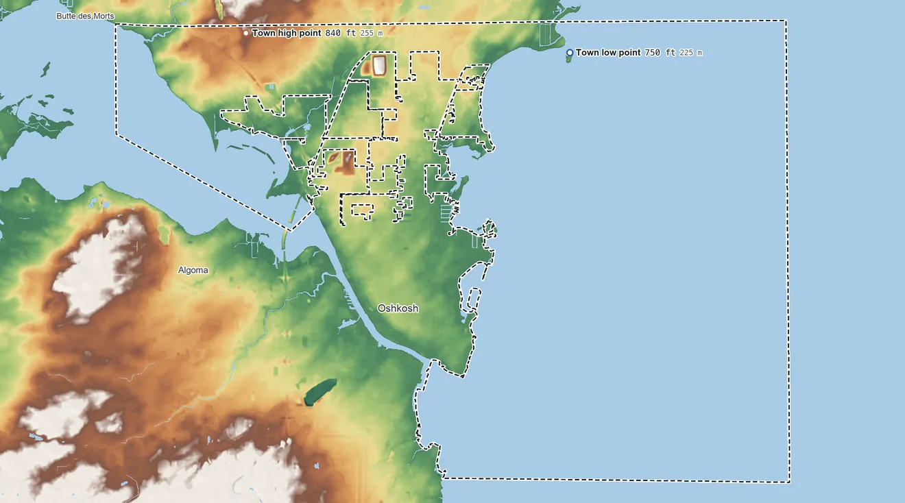 Topographic elevation map of Town of Oshkosh, Wisconsin, shaded from 750 ft on the east side to 840 ft on the northwest side