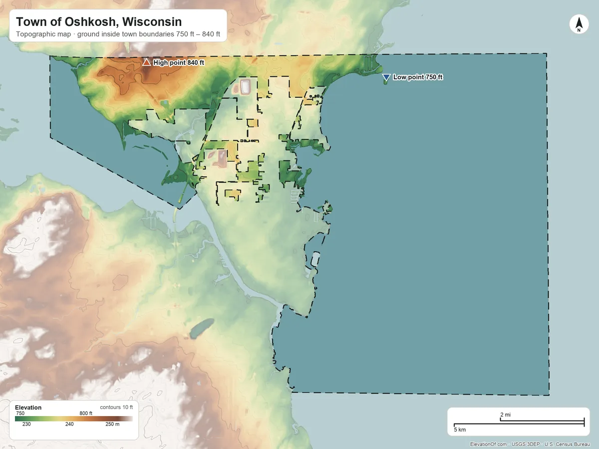 Topographic elevation map of Town of Oshkosh, Wisconsin, shaded from 750 ft on the east side to 840 ft on the northwest side