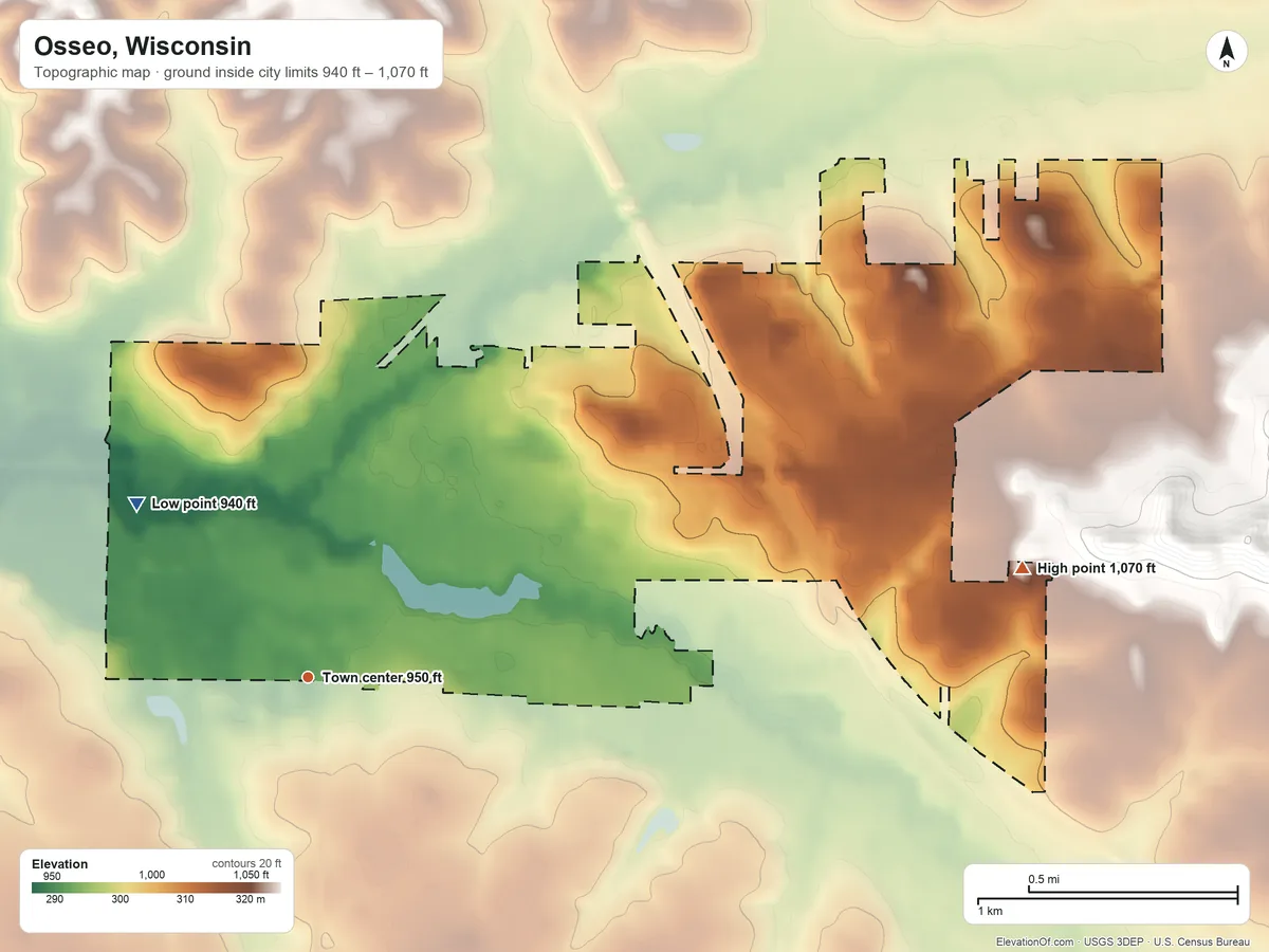 Topographic elevation map of Osseo, Wisconsin, shaded from 940 ft on the northwest side to 1,070 ft on the east side