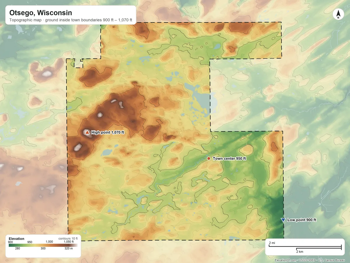 Topographic elevation map of Otsego, Wisconsin, shaded from 900 ft on the southeast side to 1,070 ft on the west side