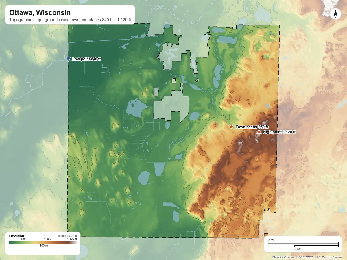 Topographic elevation map of Ottawa, Wisconsin, shaded from 840 ft on the northwest side to 1,120 ft near the middle