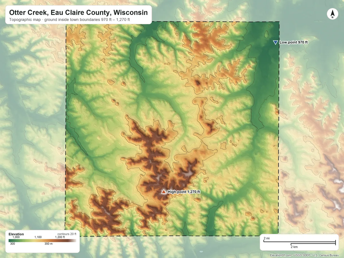 Topographic elevation map of Otter Creek, Eau Claire County, Wisconsin, shaded from 970 ft on the northeast side to 1,270 ft on the south side