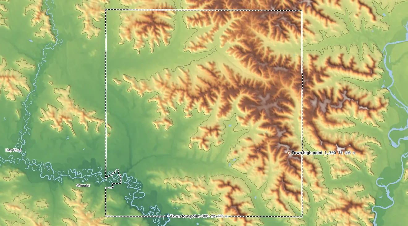 Topographic elevation map of Otter Creek, Wisconsin, shaded from 880 ft on the southwest side to 1,300 ft on the east side